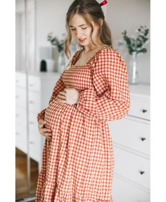 Maternity Rust Gingham Long Sleeve Midi Dress