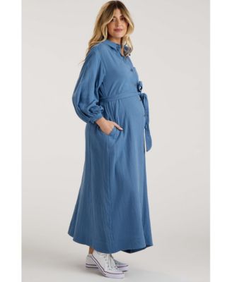 Maternity Blue Gauze Belted Shirt Midi Dress