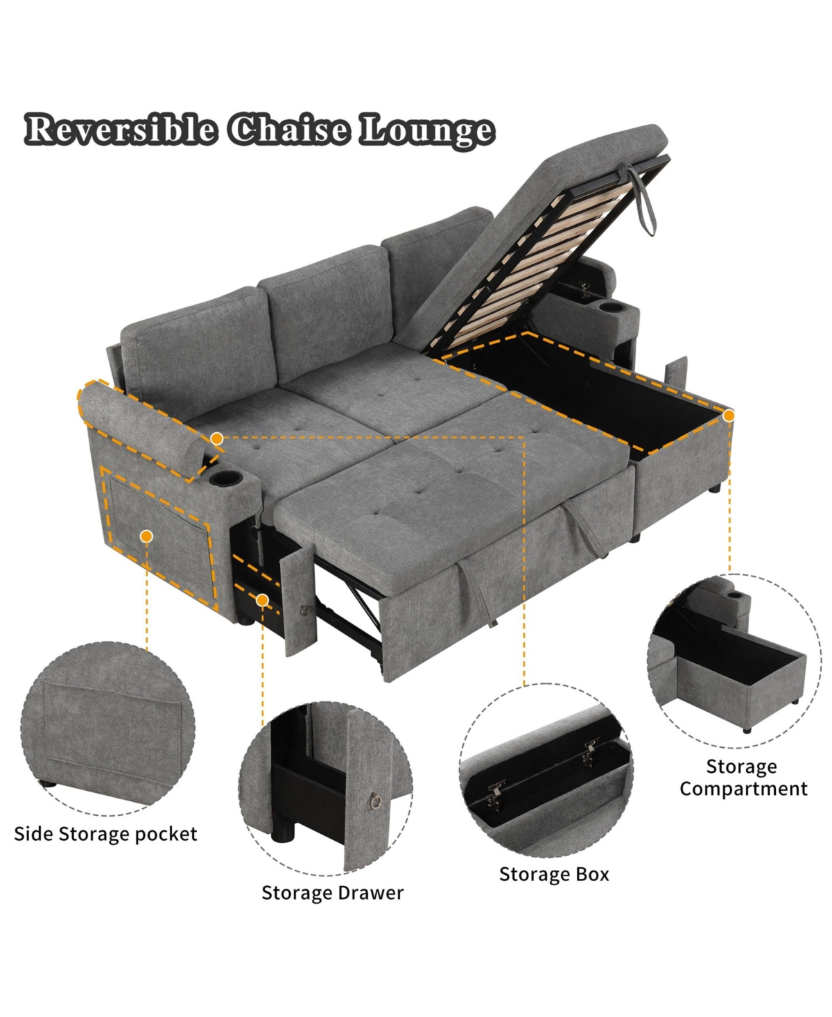 Boyel Living 83.5" L-Shaped Convertible Sofa Couch Bed Sectional with Storage, 2 Cup Holders & Usb Ports for Room