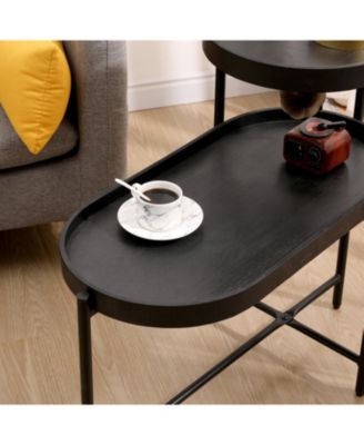 Black 2-Tier Side Table with Metal Frame and Wooden Storage