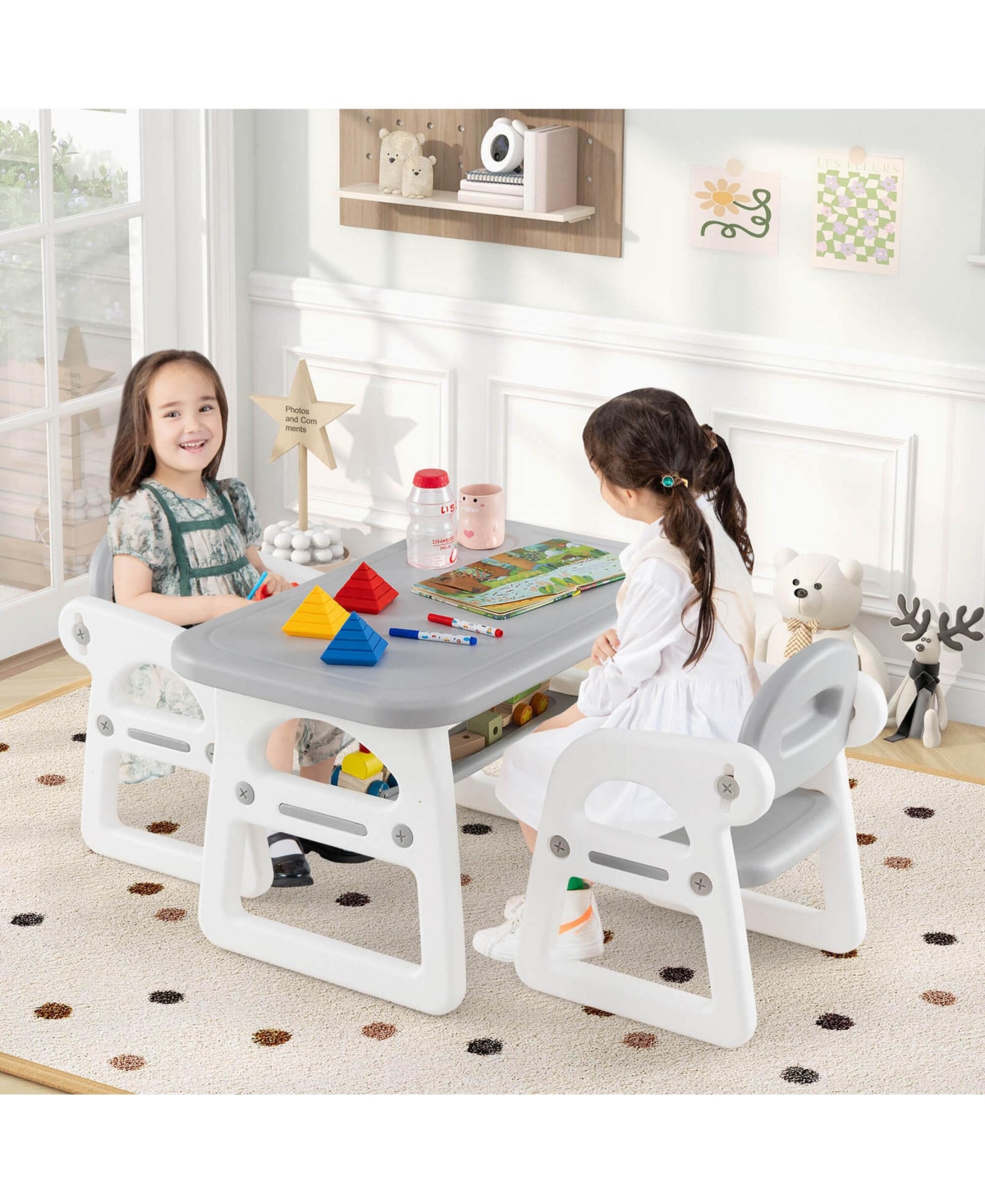 Costway 3-Piece Kids Table and Chair Set Toddler Activity Study Desk with Building Blocks
