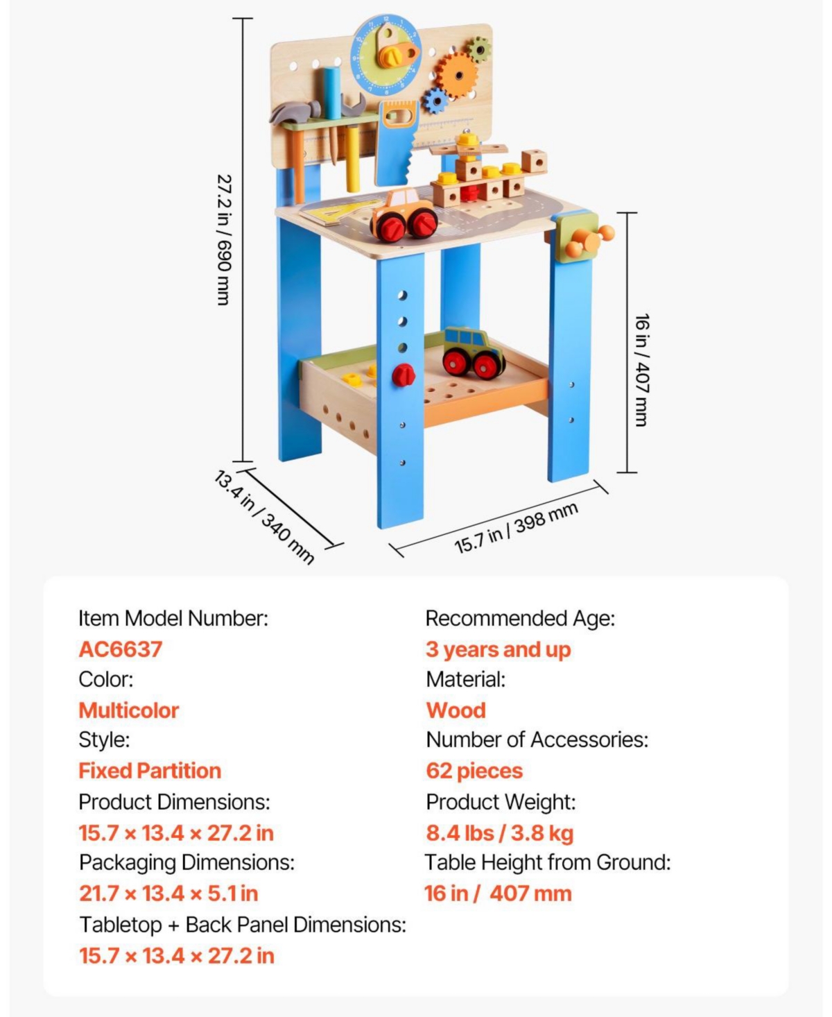 Hongge Kids Wooden Workbench 62 Pcs Tool Set Construction Toy