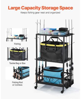 Fishing Rod Holder, 10-Rod Mobile Pole Rack Cart with Wheels for Garage or Home Fishing Gear Storage
