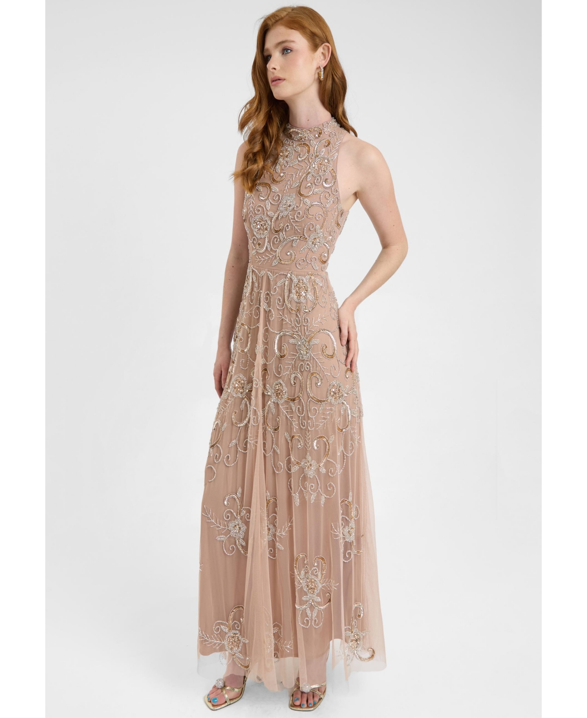 Beauut Women's Embellished Sequin Beaded Maxi Dress With High Neckline Sleeveless Design