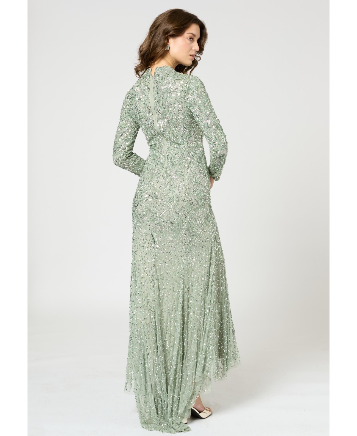 Maryisa Women's Modest Embellished Sequin Beaded Maxi Trail Dress