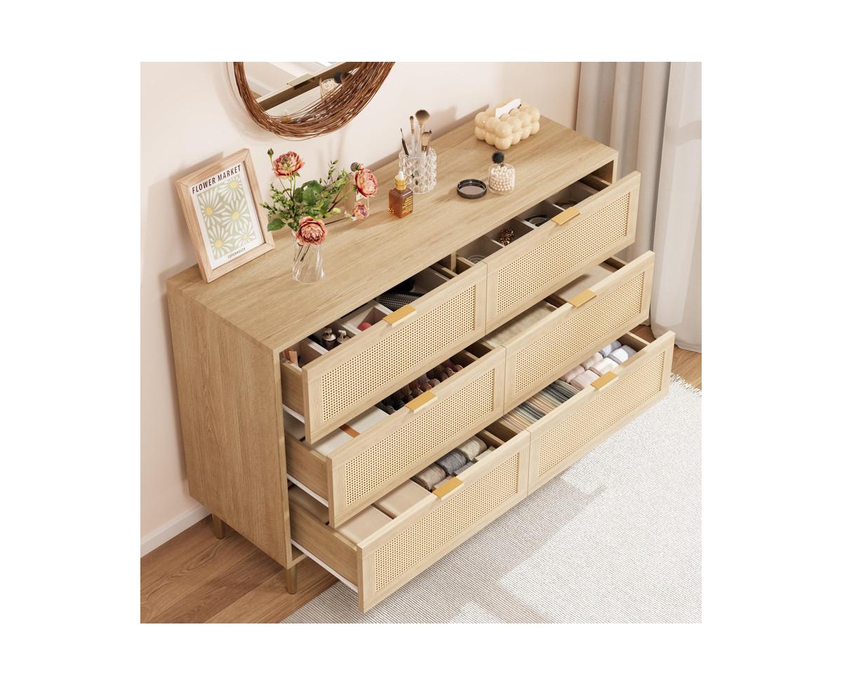 Natural Rattan 6 Drawer Dresser for Bedroom