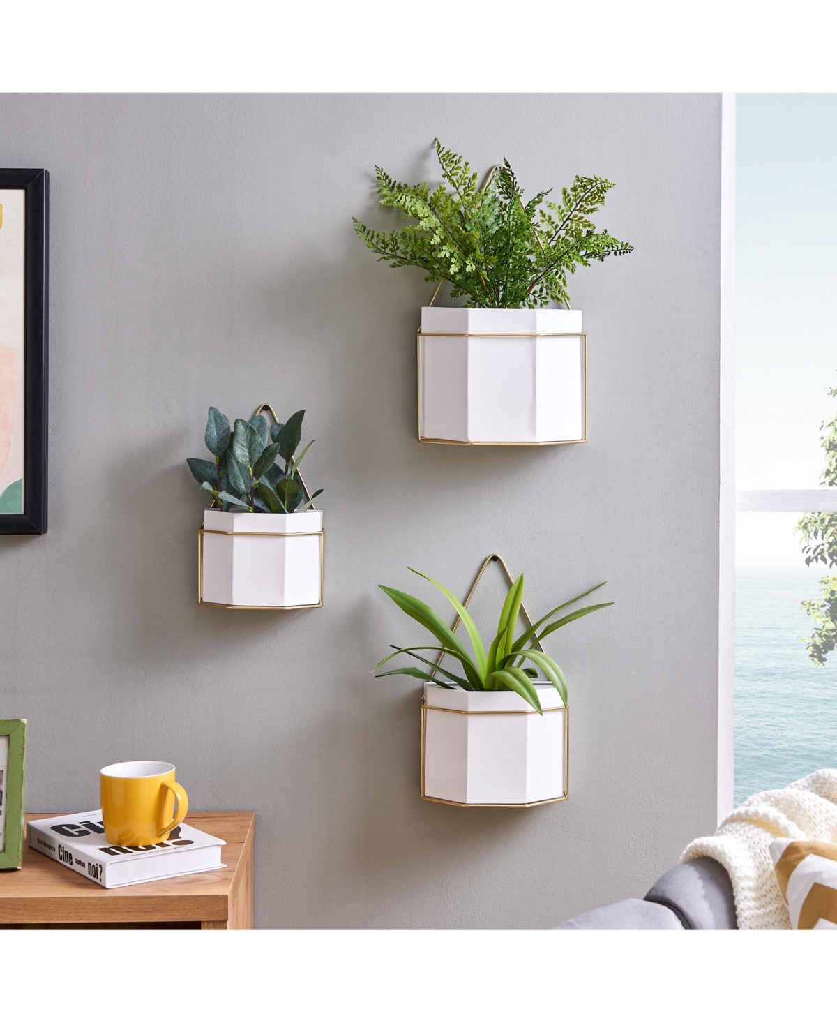 Danya B Modern Geometric White and Gold Metal Wall Planters - Set of 3