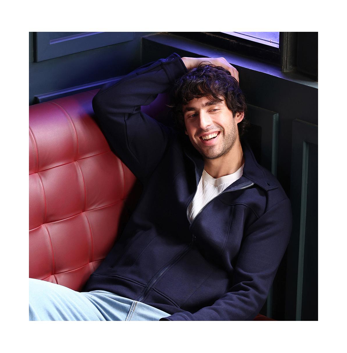 Campus Sutra Men's Navy Blue Panel-Stitch Knit Sweatshirt