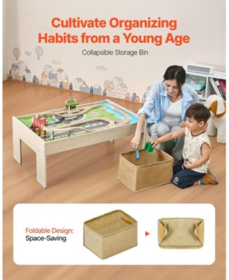Train Table, 84 PCS Wooden Activity Table with Collapsible Bin, 3-in-1 Train Set for Playing, Drawing & Reading, Toy for Kids 3