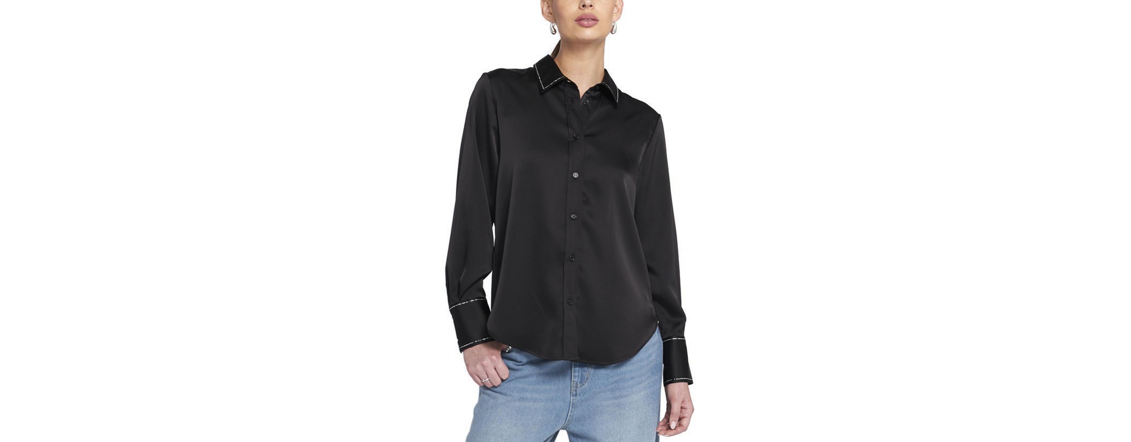 Elle Collection Women's Sparkle Trim Satin Shirt Button Down Top