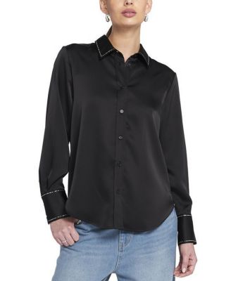 Women's Sparkle Trim Satin Shirt Button Down Top
