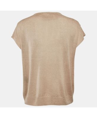 Women's Beige Linen Knit Tie-Up Detail Card Top