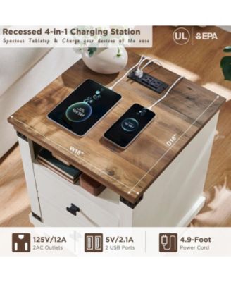 Farmhouse Nightstand w/ Charging Station, 18" Rustic End Table w/ 2 Storage Drawers, Antique White, Bedroom Accent Piece