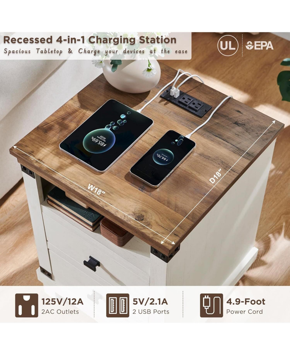 Gaomon Farmhouse Nightstand w/ Charging Station, 18" Rustic End Table w/ 2 Storage Drawers, Antique White, Bedroom Accent Piece