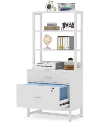 2 Drawer Vertical File Cabinet with Lock & Bookshelf, Letter Size Large Modern Filing Cabinet Printer Stand with Open Storage Shelves