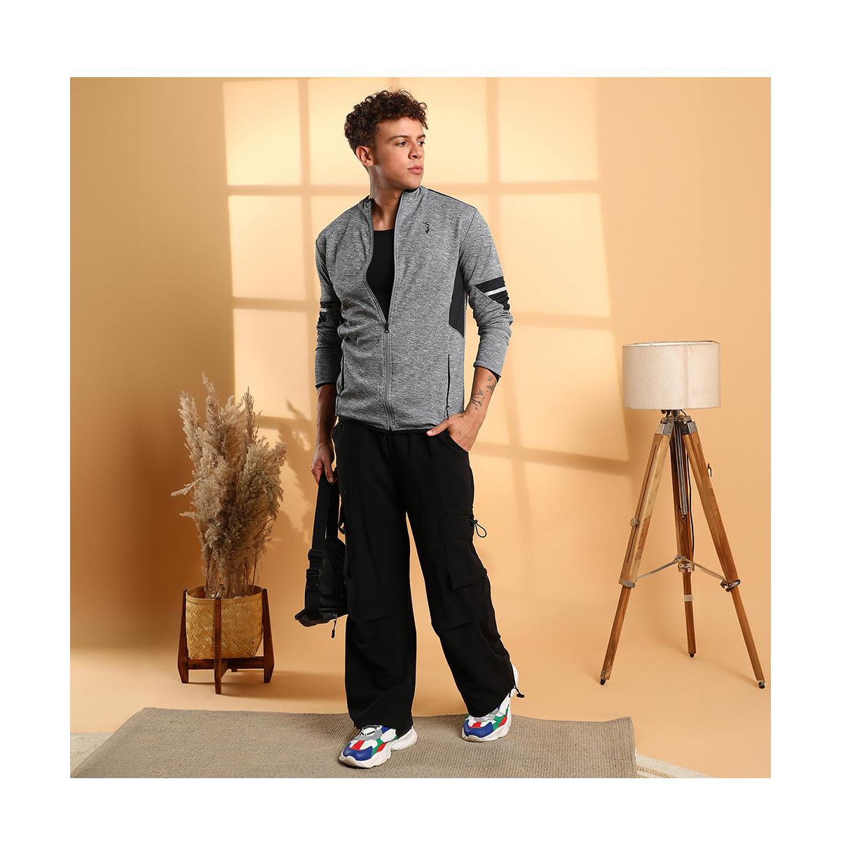 Campus Sutra Men's Grey Heathered Activewear Jacket With Contrast Detail