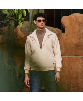 Men's Cream White Contrast Sherpa-Lined Suede Bomber Jacket