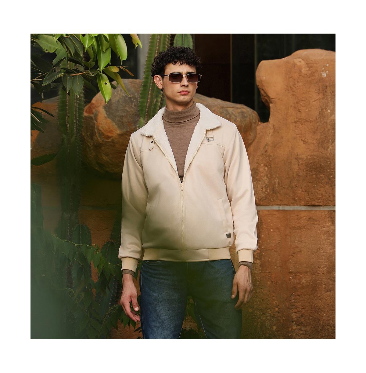 Campus Sutra Men's Cream White Contrast Sherpa-Lined Suede Bomber Jacket