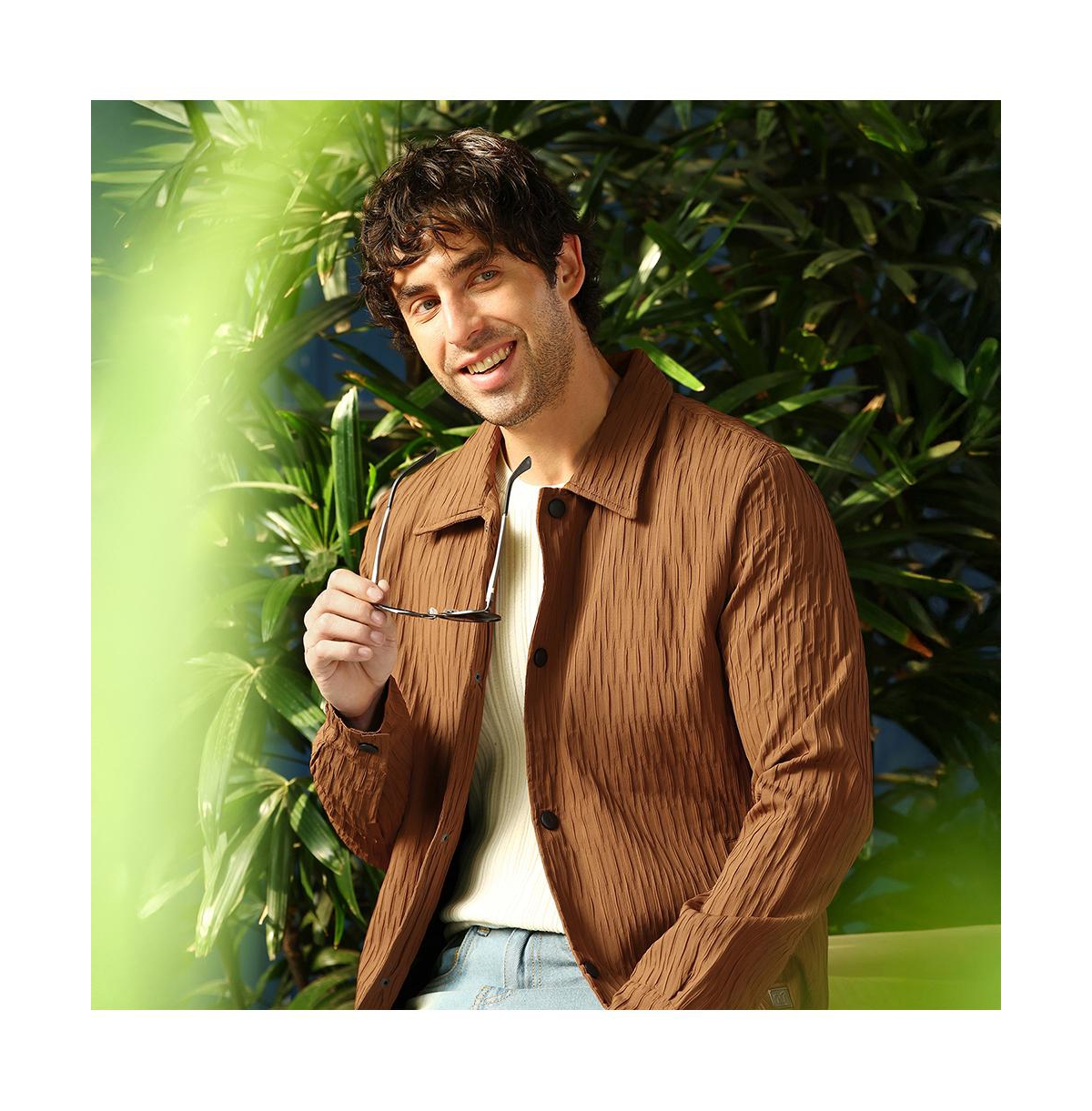 Campus Sutra Men's Teddy Brown Crease-Tactile Bomber Jacket