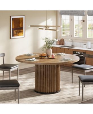 47.24-Inch Black Round Dining Table for 4-6 People, Modern Fluted MDF + Metal Base Kitchen Table