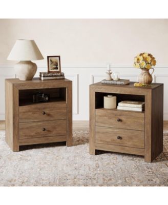 Farmhouse Nightstand with 2 Storage Drawers, Rustic Nightstand Table with Open Shelf, End Side Table, Rustic