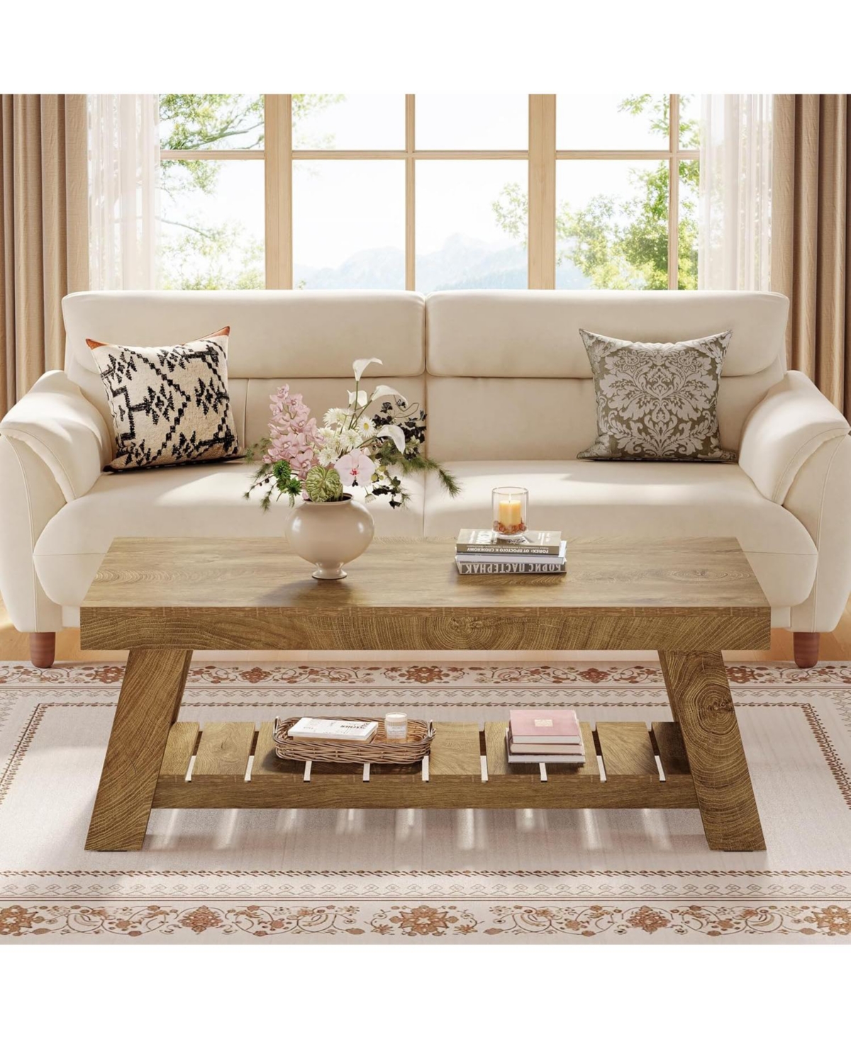 Tribesigns Rectangular Coffee Table, 47.24" Farmhouse Wood Center Tables for Living Room,Brown