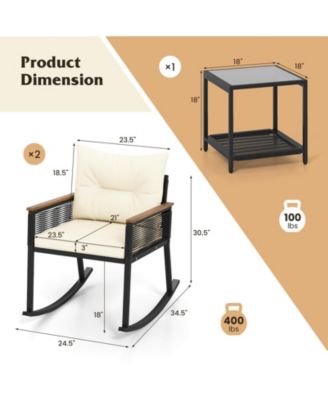 3 PCS Outdoor Rocking Bistro Set with 2-Tier Coffee Table, Acacia Wood Armrests