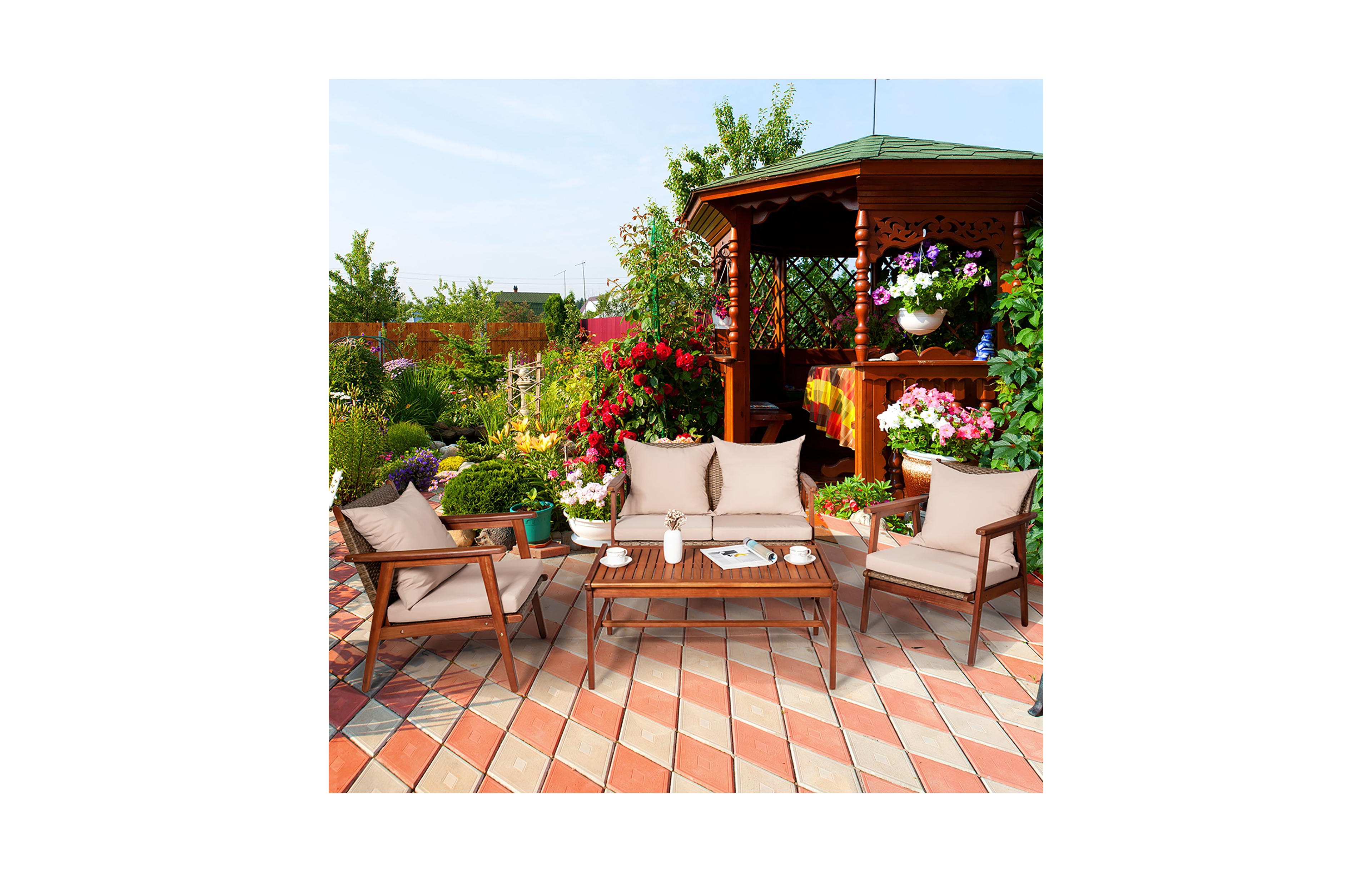 Costway 4 Piece Rattan Acacia Wood Outdoor Garden Furniture Set with Cushions