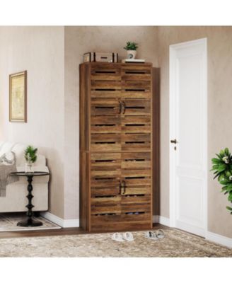 70.8" Rustic Brown Wood Shoe Cabinet with Shutter Doors & Adjustable Shelves