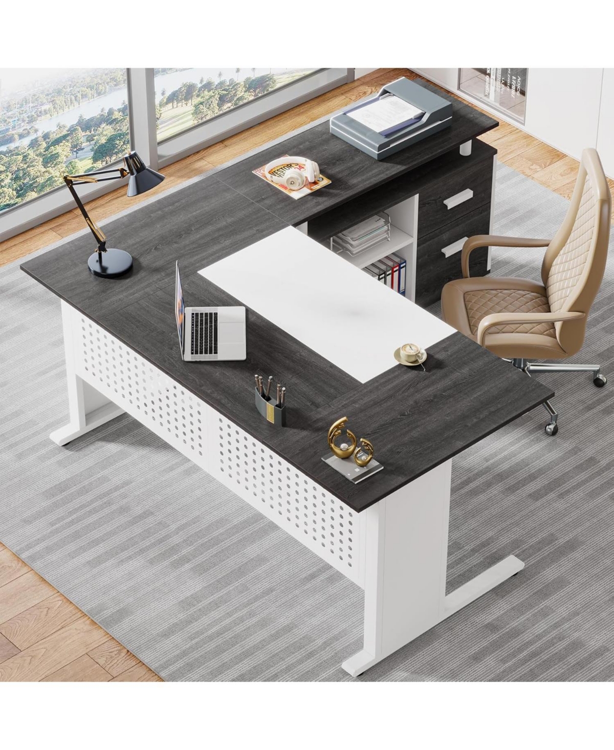 Tribesigns 63" L-Shaped Executive Desk with File Cabinet, Drawers & Storage Shelves – Office Desk