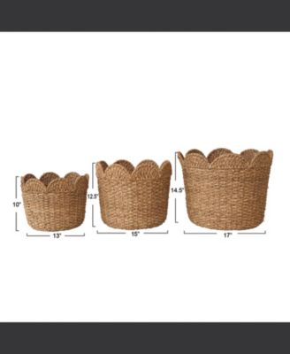 Braided Bankuan and Rattan Baskets with Scalloped Edge, Natural, Set of 3