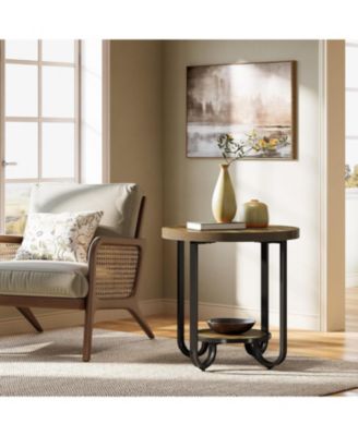 Round End Table with 2-Tier Storage Shelf, Industrial Side Table with Curved Metal Legs
