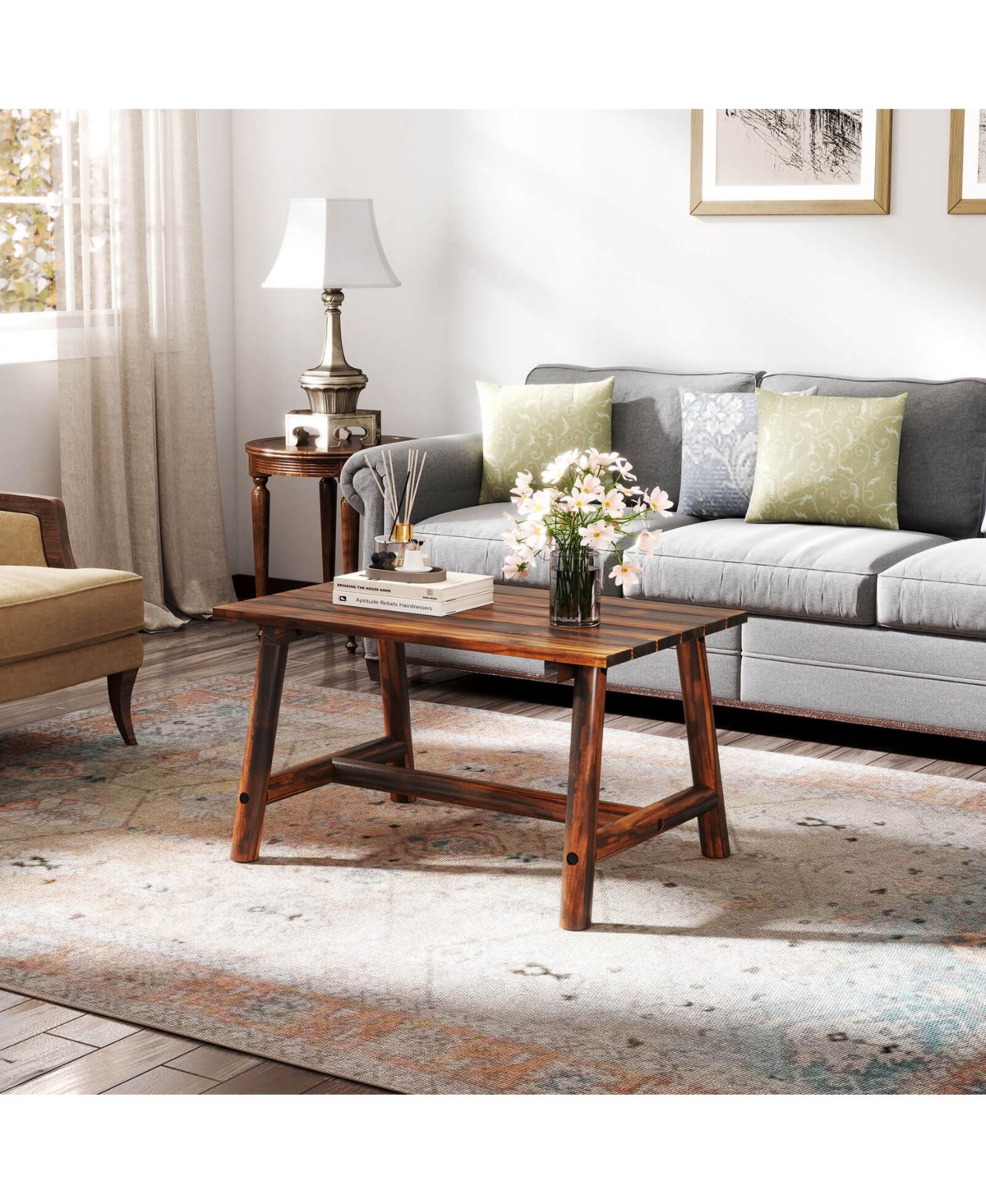 Costway Outdoor Coffee Table with Slatted Rectangle Top, Garden Side Table