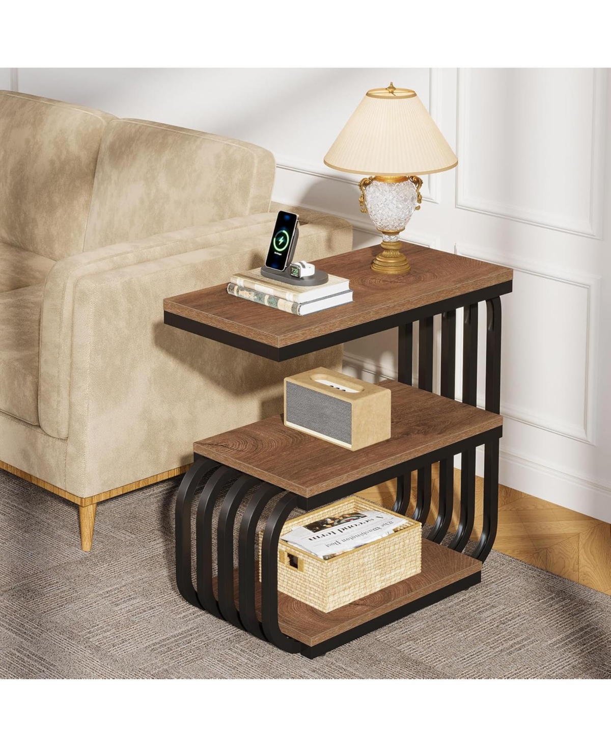 Tribesigns Small End Table, 3 Tier Design Accent Table with Metal Frame, Industrial Vintage Nightstand for Living Room, or Small Spaces (1, Brown)