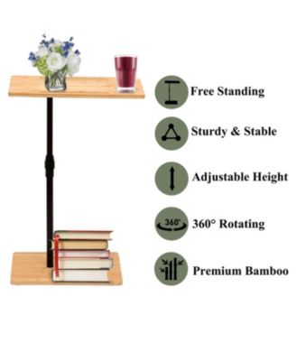 Adjustable Bamboo C-Shaped Couch Tray Table with 2-Tier Rectangle Design