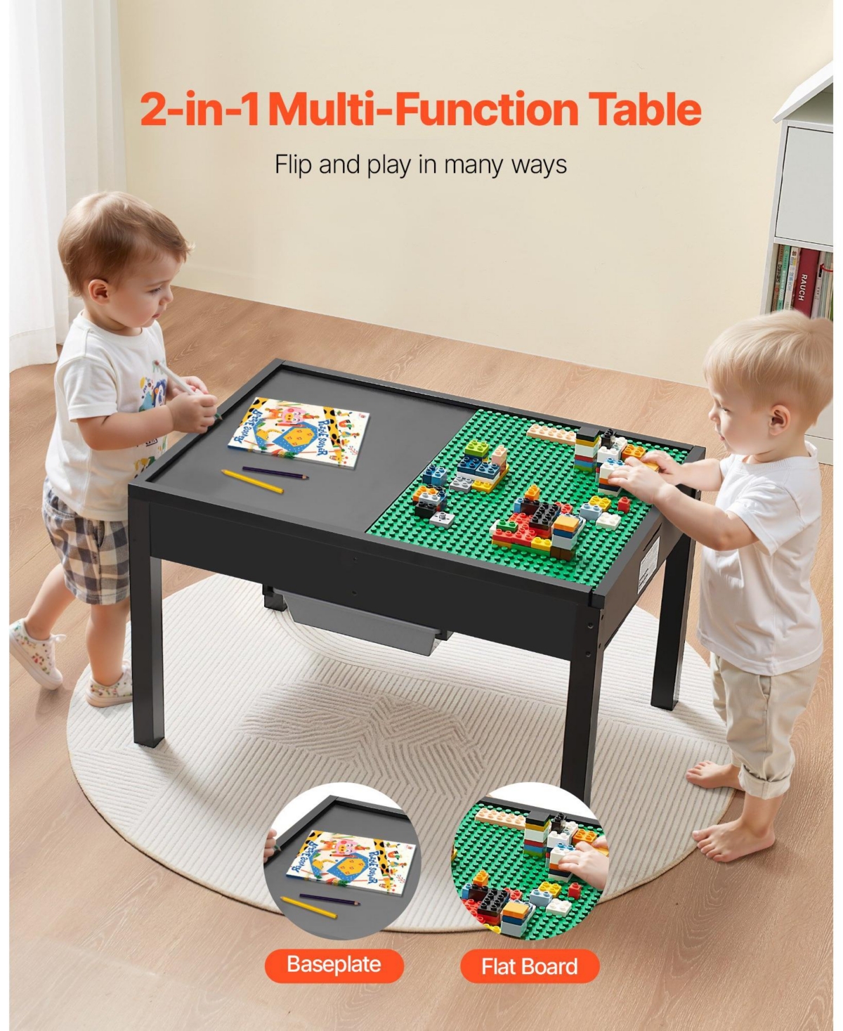 Sugift Reversible Activity Table with Building Block Top & Large Storage Capacity