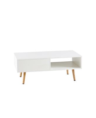 Modern Rattan Coffee Table with Sliding Door Storage and Solid Wood Legs