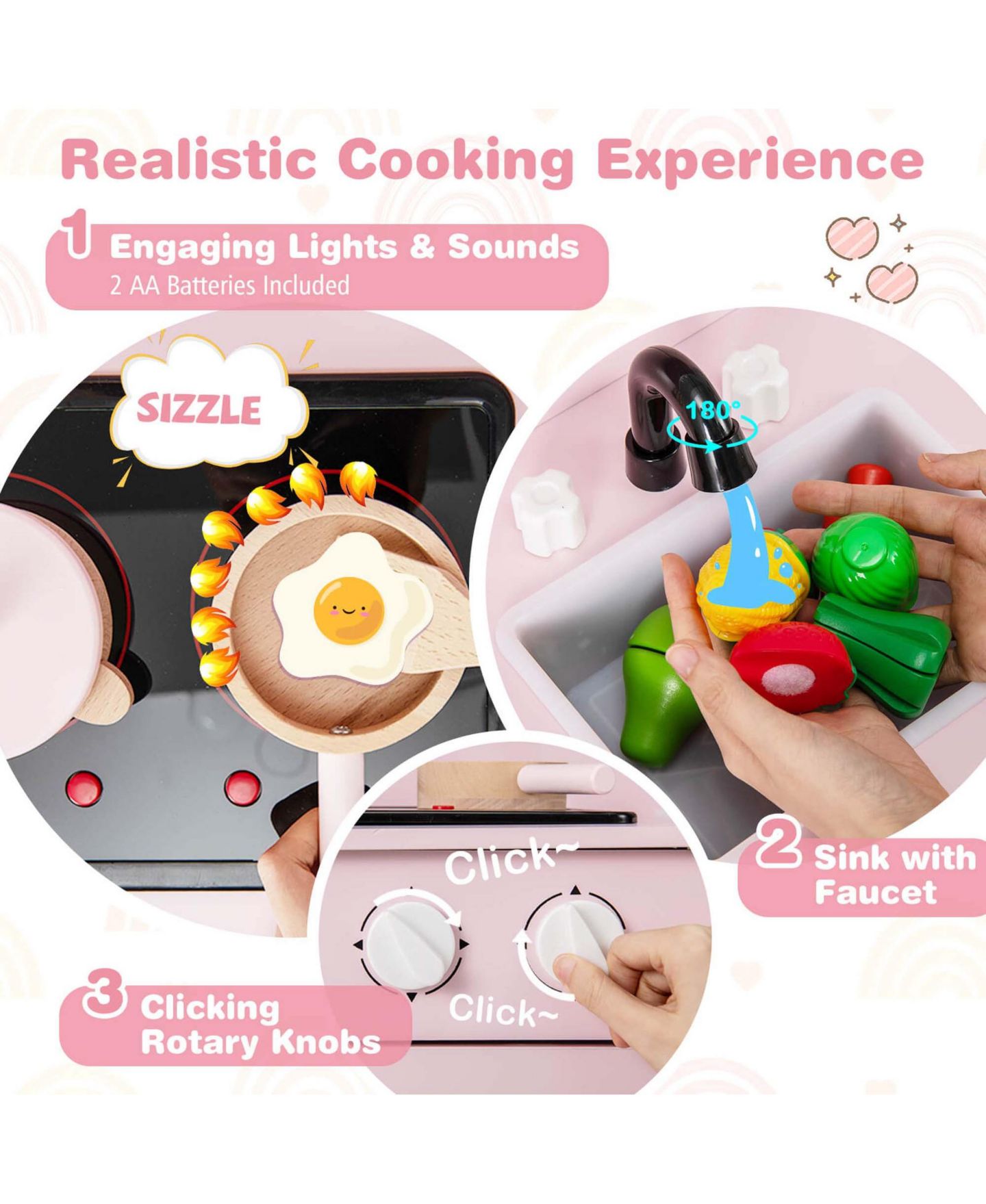 Детский игровой набор Costway Light-Up Cooking Sounds Wooden Kids Kitchen Playset, от 3 лет, цвет: Розовый — фото 5
