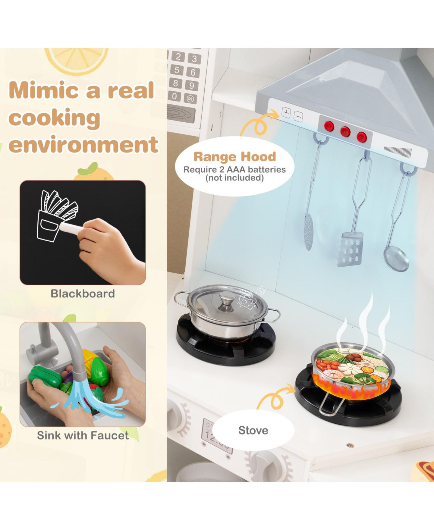 Детские игрушки HONGGE Wooden Corner Lights and Sounds 9-Piece Play Kitchen Set, Ages 3+, цвет: Белый — фото 7