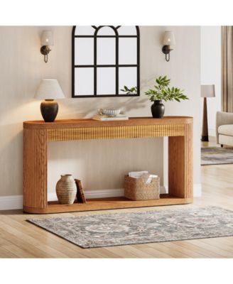63 Inch Fluted Console Table for Entryway, Narrow Wood Sofa Table Behind Couch