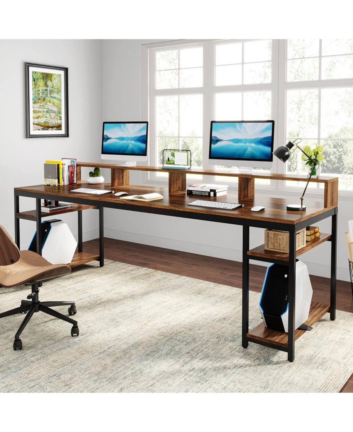 Tribesigns Two Person Desk with Monitor Stand