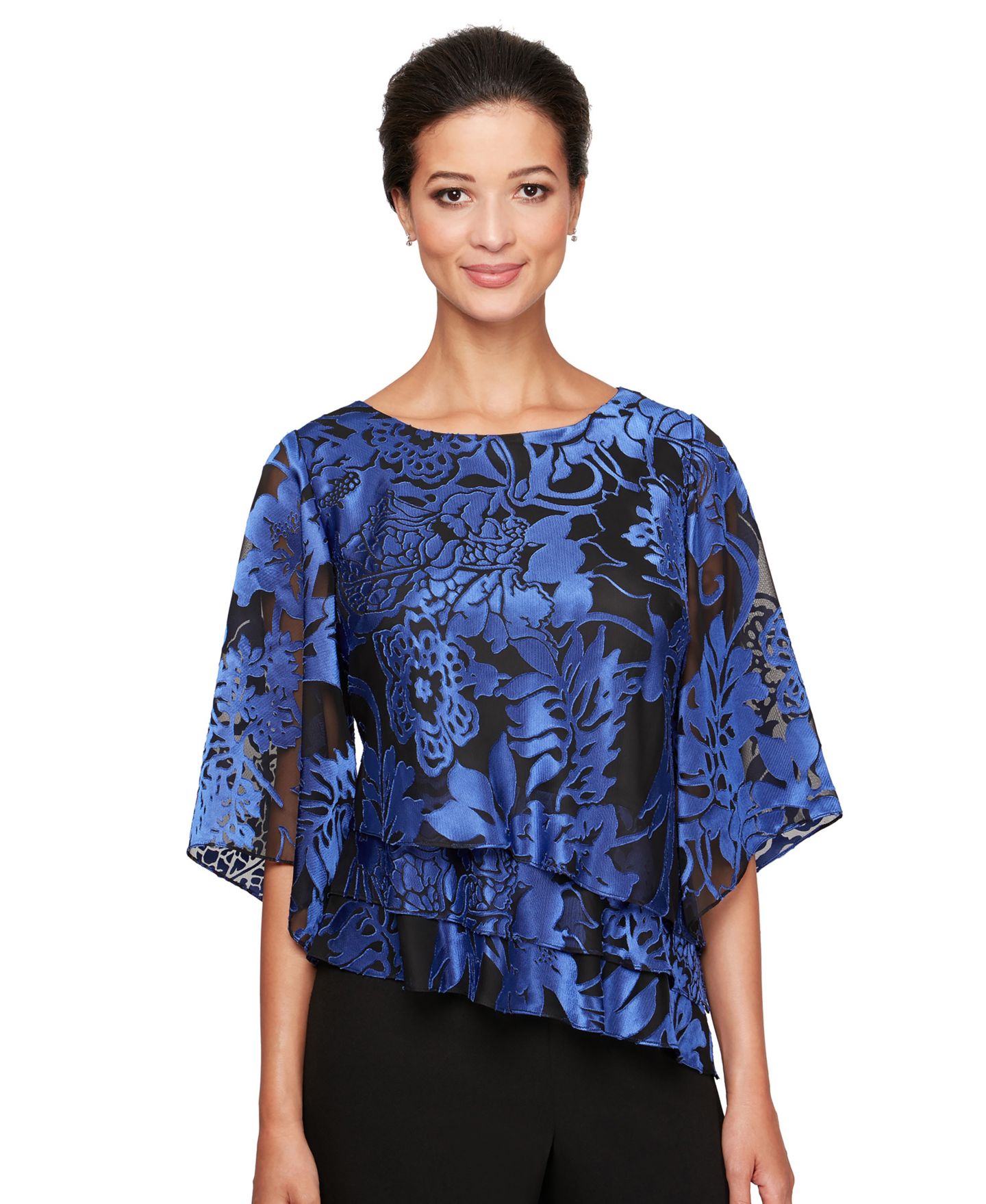 Женская блузка Alex Evenings Printed Tiered, цвет: Чёрный королевский синий — фото 1