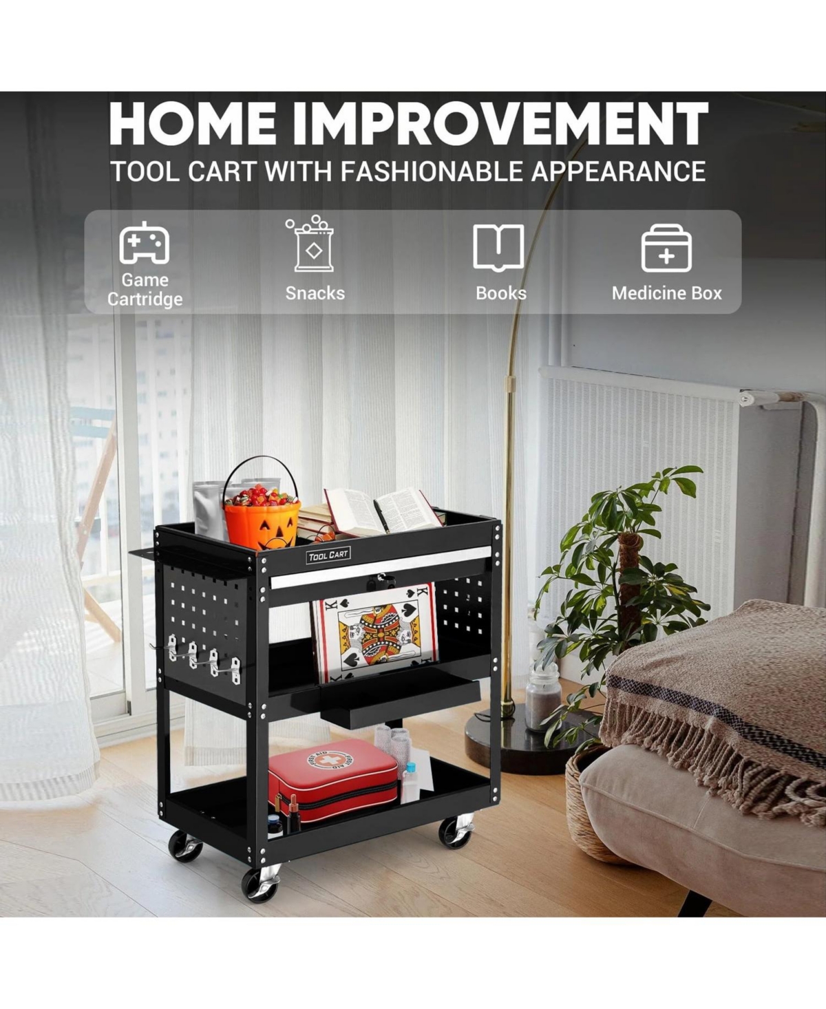 Ldhthopi 3 Tier Rolling Tool Cart All Metal Utility Cart with Wheels 330 lb Capacity and Storage Shelves for Garage or Workshop