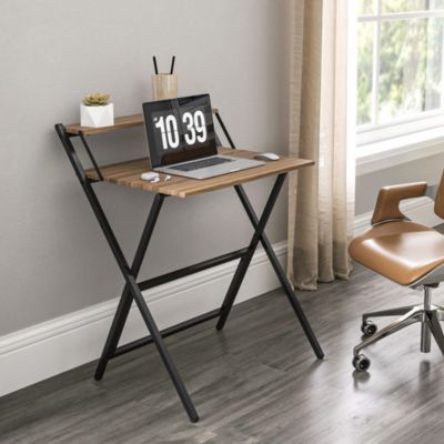 HOMCOM Small Folding Desk Foldable Computer Desk with Monitor Shelf