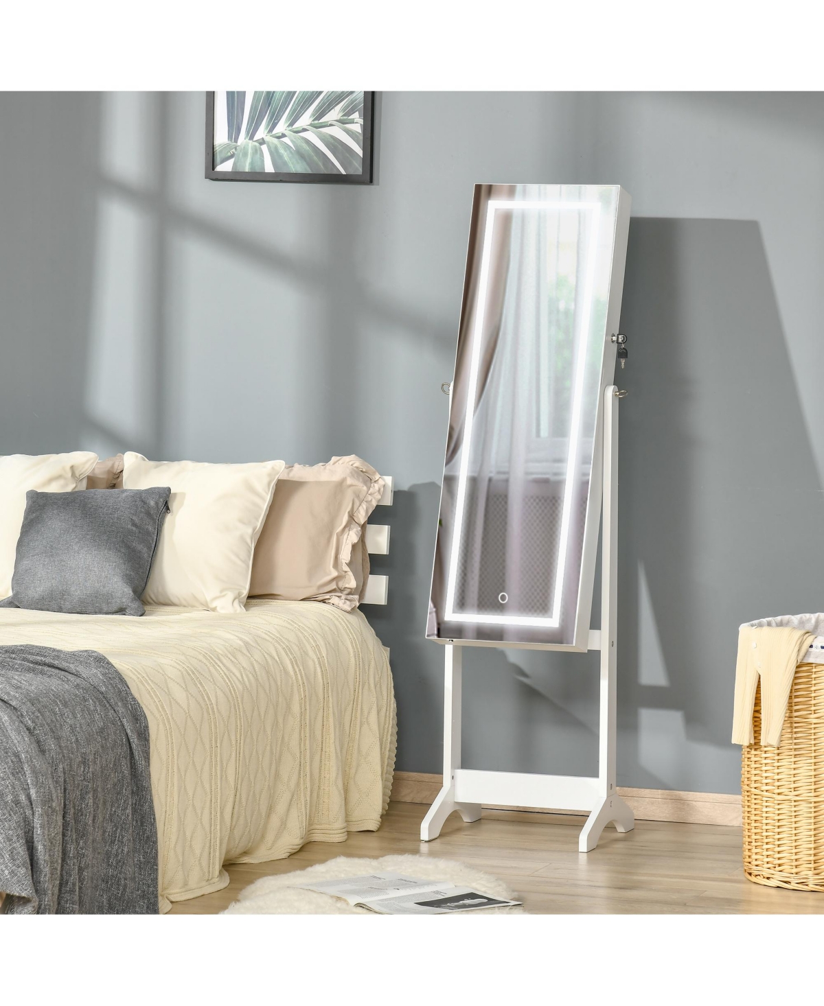 Full Body Mirro Jewelry Cabinet w/ Led Lights & 5-Tier Storage Shelves,