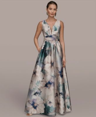 Women's Floral Print Sleeveless Pleated A-line Ball Gown
