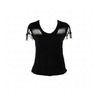 Women's Black Cotton Scoop Neck Wanda Fringes T-Shirt