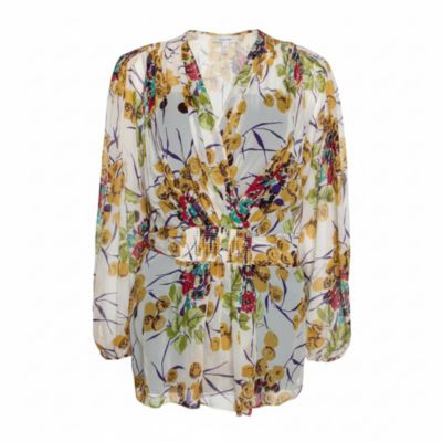 Women's Multicolor Silk Georgette Floral Print Faux Wrap Blouse
