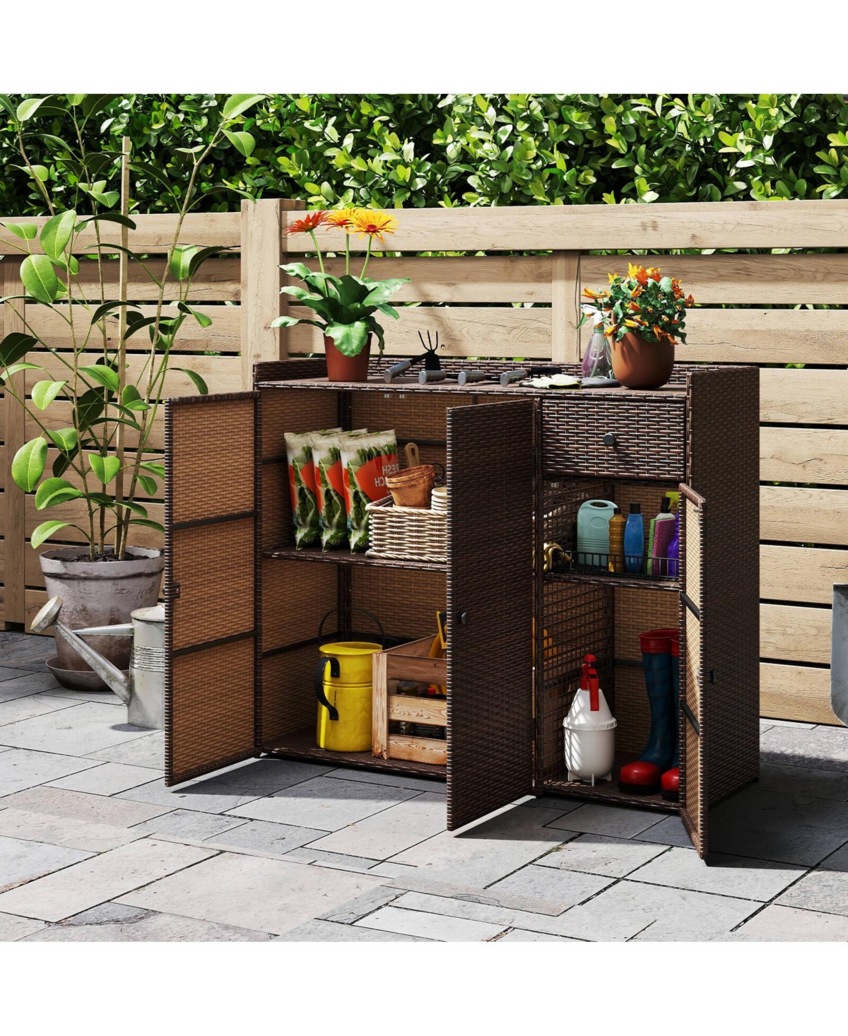 Costway Outdoor Pe Wicker Storage Cabinet with 3 Doors Adjustable Shelves and Drawer