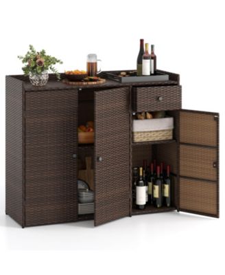 Outdoor PE Wicker Storage Cabinet with 3 Doors Adjustable Shelves and Drawer